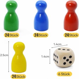 Zbssny 96 Wooden Toy Figures Set for Board Games Colourful Halma Gel 25 x 12 mm in Red, Yellow, Blue, Green, Ideal for People Annoying You Do Not Game Replacement Figures Large