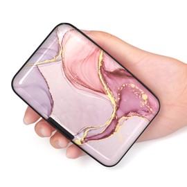 Hsxnam Credit Card Holder Wallet, RFID Blocking Credit Card Case Aluminum Metal Cute Business Card Holder Pocket ID Case for Women Men, Pink Marble