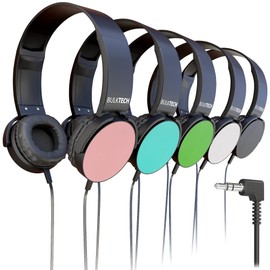 Bulktech Wired On-Ear Leather Headphones with 3.5mm Connector, Round Metal Housing, Bulk Wholesale, 5 Pack, Assorted Colors