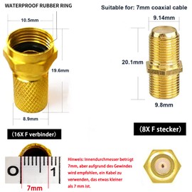 Rwekdza Satellite Cable Connector 16 x F Connector 8 x F Connector Set 7 mm Coaxial Cable Connector Antenna Plug Satellite Cable Connector Satellite Connector with Rubber Seal for Coaxial Antenna