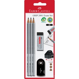 Faber-Castell 217079 Pencil Set GRIP 2001 Exam Set with 3 Pencils 1 Rubber and 1 Pencil Sharpener Silver / Black
