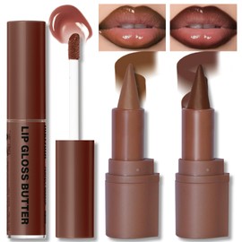 HOSAILY 2 Colors Lip Liner with Lip Gloss Set, Moisturizing Light Brown Lip Pencil Dark Brown Lip Liner and Lip Butter Gloss Combo, Long Lasting Glossy Lip Stain Lipstick Lip Care Makeup