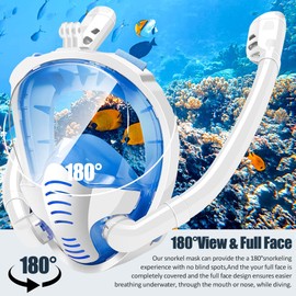 KLERICER Double Tubes Full Face Snorkel Mask,New Breathing Mode 180° Panoramic Anti-Fog Diving Mask Free Breathing,Dry Top System Snorkeling Mask for Adults Teenagers (White Blue, Small-Medium)