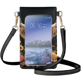 WELLFLYHOM Highland Cow Small Crossbody Bag Phone Carrier for Women Sunflower PU Leather Cell Phone Purse Touch Screen Messenger Bags Waterproof RFID Wallet Travel Credit Card Holder
