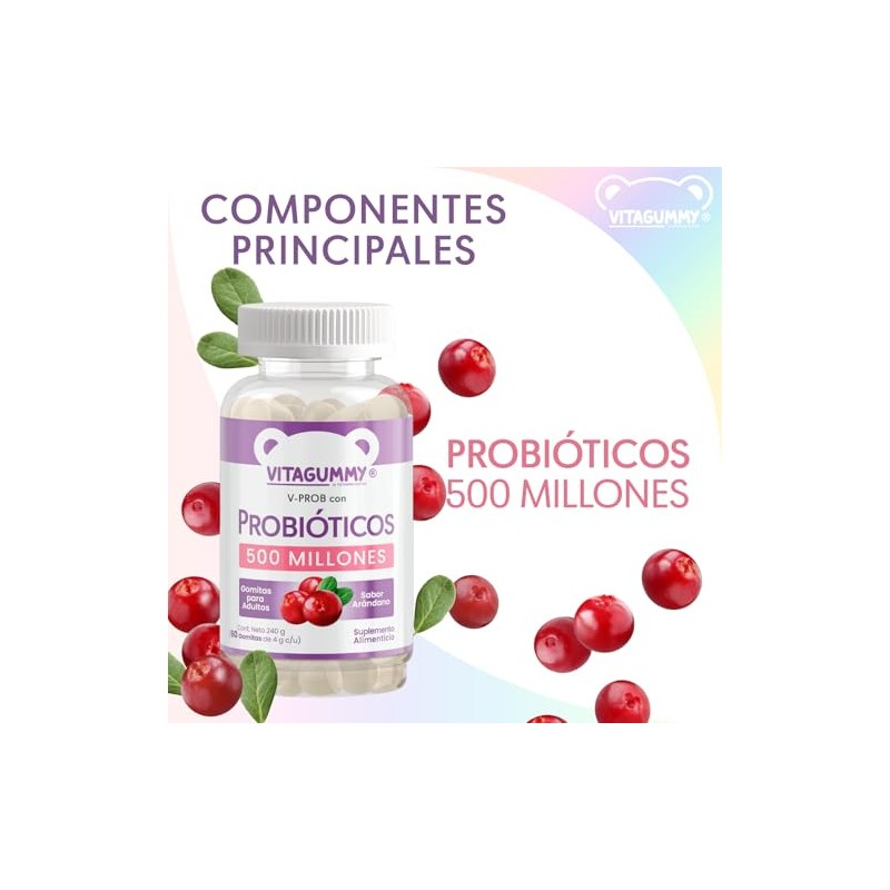 Gomitas V-PROB con probioticos sabor arandano, frasco con 60 gomitas