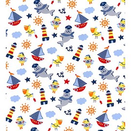 Cotton Fabric - Childrens Nautical Boats on White - Craft Fabric Material Metre