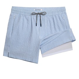 maamgic Men's Swim Trunks 5.5 inch Seersucker 2 in 1 Beach Shorts Quick Dry Bathing Suits with Compression Liner Blue Stripe Large
