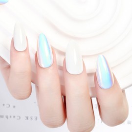 Dikixe White Chrome Mermaid Aurora Almond Press On Nails Full Cover Acrylic 24 Pcs Salon Reusable High Shine Mirror Metallic Fake Nails with Strong Nail Adhesive Tabs for Women Girls