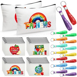 Capoda 56 Pcs Teacher Appreciation Gifts in Bulk 28 Inspirational Flax Cosmetic Bags for Women 28 Motivational Quote Keychains Thank You Gifts for Teacher's Day Graduation Back to School(White)