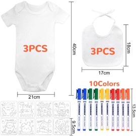 KingYH Set of 3 Bibs for Painting, DIY White Baby Bib Set, Cotton Neckerchief, 3 Pieces, Short Sleeve Bodysuit, 40 x 21 cm with 10 Textile Pens and 8 Painting Stencils for 9 Months, Boys, Girls, Baby