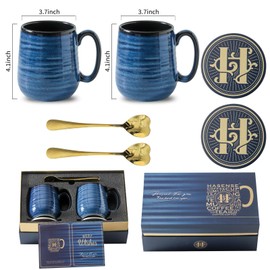 Hasense Coffee Mugs, 15 Ounce Porcelain Mugs Set of 2 with Handle for Morning Coffee Tea and Cocoa, Ceramic Coffee Cups Gift Box with Beautiful Glaze Coasters Spoons for Men and Women, Navy