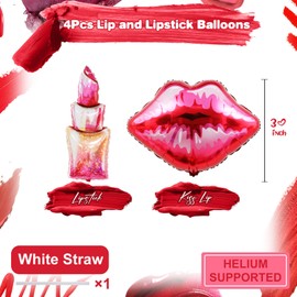 4Pcs lips Lipstick Balloons，49 Inch Red Lipstick and 30 Inch lip Balloons For Galentines Day Make up Spa Pink Girl Party Spa Party