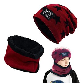 Amebleak Children's Winter Hat and Scarf Set, Winter Warm Beanie Hat, Unisex Knitted Hat with Fleece Lining Hat Scarf, Wool Knitted Hat and Loop Scarf for 6-14 Years Old Boys Girls, red