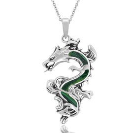 AeraVida Legendary Chinese Dragon Malachite Inlaid .925 Sterling Silver Pendant Necklace | Bold Malachite and Sterling Silver Dragon Necklace for Men and Women