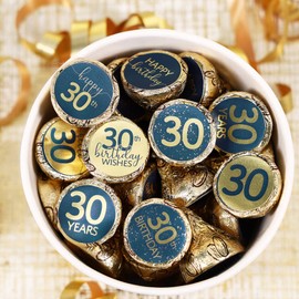 Navy Blue and Gold 30th Birthday Party Favor Stickers, Chocolate Kisses Candy Stickers for 30th Birthday Decorations - 180 Count