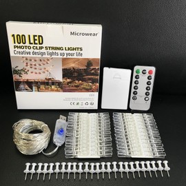 Microwear 33Ft Photo Clip String Lights,USB or Battery Powered,8 Modes 100 LED 10M Hanging String Fairy Lights with Remote,Decoration for Bedroom Christmas Wedding Décor