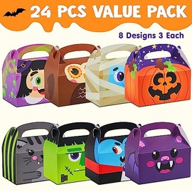 24 cajas de regalo de cartón de Halloween (14 x 8 x 14 cm) para truco o trato, cajas de regalo de dulces de Halloween con asa, cajas de panadería, caj