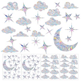 4 Sheets Anti Collision Window Clings, Rainbow Reflection Window Sticker to Prevent Bird Strikes Bird Alert Static Decals Window Strike Prevention Decals (Moon, Cloud)