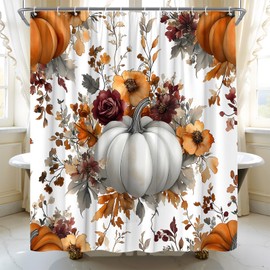 HWSSHW Boho Pumpkin Shower Curtain Fall Watercolor Floral Leaves Autumn Thanksgiving Harvest Rustic Farmhouse Seasonal Fabric Bathroom Decor Bath Curtain with Hooks