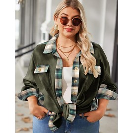 IN'VOLAND Plus Size Womens Corduroy Light Weight Jackets Button Down Shirts Christmas Green Shacket Loose Fit Fall 2024 Trendy