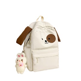 PORRASSO Backpack Casual Daypack Women School Bag with Rabbit Pendant Lightweight Rucksack Large Nylon Bookbag for Travel School Daily Use White B