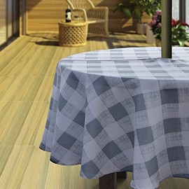 Hipinger Outdoor Tablecloth with Umbrella Hole and Zipper for Spring Summer Patio Garden Tabletop Decor, Patio Table Cloth,Heavyweight Stain Resistant Waterproof,60 Inch Round, Grey Checkered