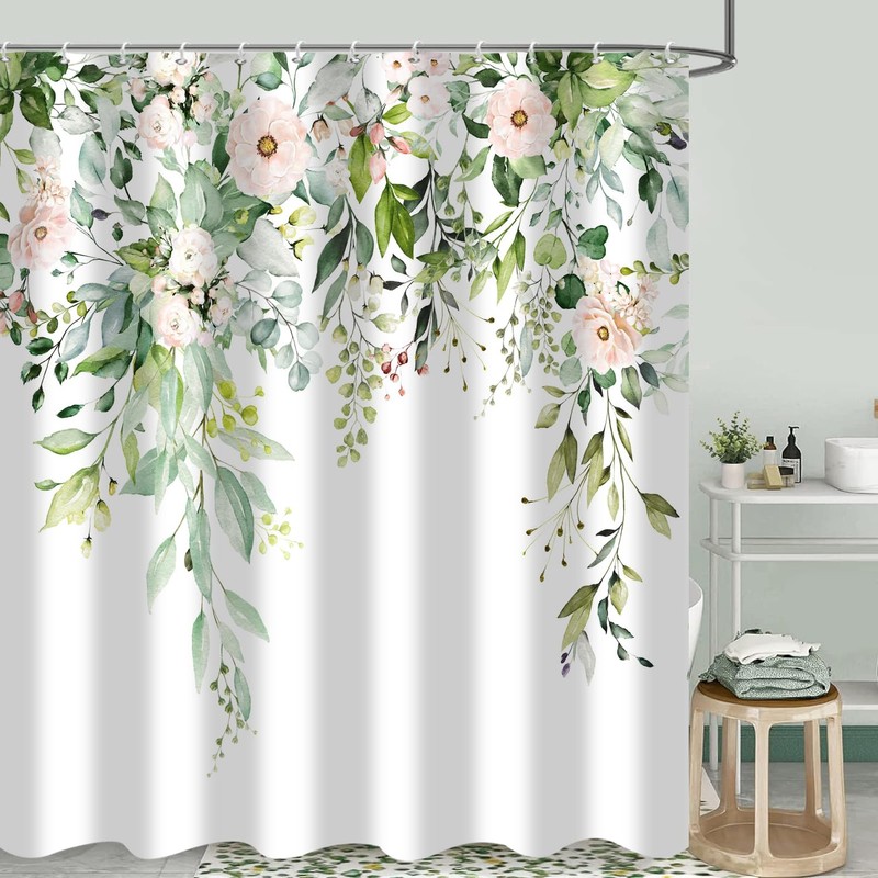 GKLEASG Sage Green Eucalyptus Shower Curtain Watercolor Leaves Floral Spring
