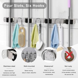 GUUKAR Mop Broom Holder Wall Mount, Silver Stainless Steel Tool Storage Organizer for Kitchen Garden Garage Laundry Room Bathroom and RV with 4 Slots 6 Hooks