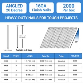 meite 16 Gauge 20 Degree Angled Finish Nails 1-1/4 Inch Galvanized Rust-Proof Finishing Nails for Electric or Pneumatic Finish Nailer - Cabinet Crown Baseboard Trim & Molding (2,000 PCS)
