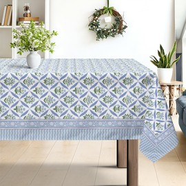 hometrixx Block Print Floral Washable Rectangle Table Cloth Blue 140x180cm