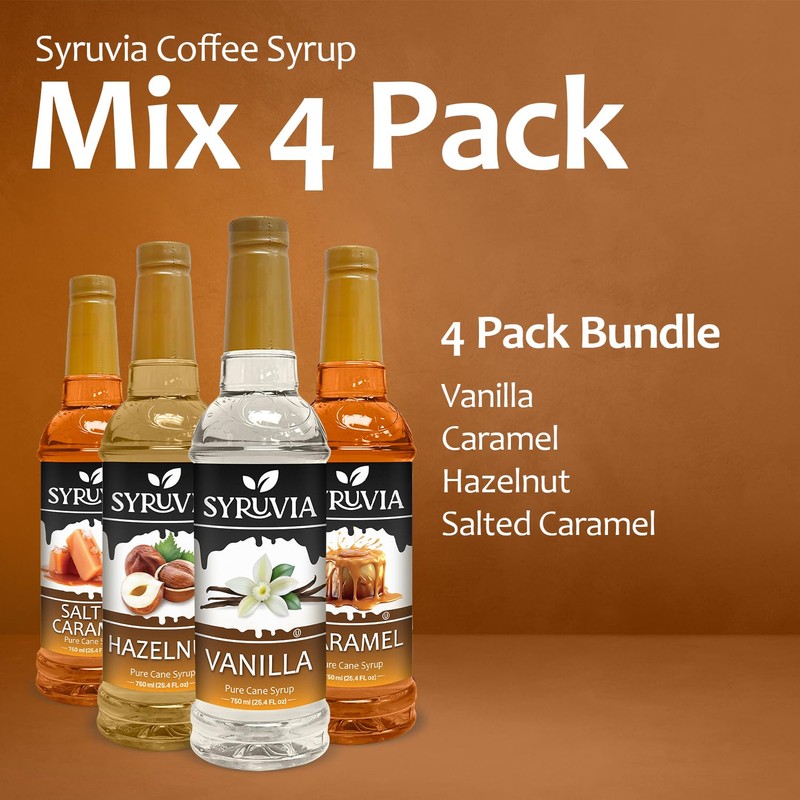 Syruvia Coffee Syrup Variety Pack Vanilla, Caramel, Hazelnut & Salted