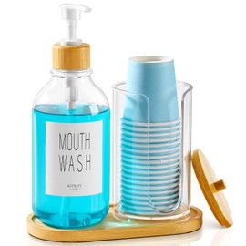 VITVITI Mouthwash Dispenser for Bathroom, Mouth Wash Pump Bottle with Paper Cup Holder, 17Oz Refillable Clear Mouthwash Container with Bamboo Lid/Tray/Label