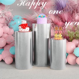 Putros Cylinder Pedestal Covers Silver 3Pcs Spandex Cylinder Plinth Stand Cover Bronzing Elastic Cloth Cover for Party Wedding Props Event Decor