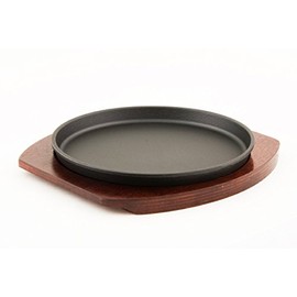 Happy Sales, Cast Iron Steak Plate Sizzle Griddle with Wooden Base Steak Pan Grill Fajita Server Plate Household use or Restaurant Supply (MedRound)