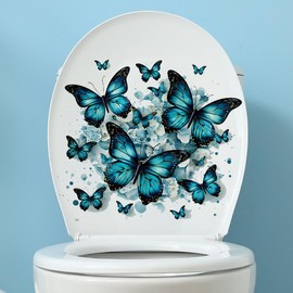 Bonfage Multiple Butterflies Flower Toilet Cover Sticker Decals,Fish Bird Flower Leaf Waterproof Toilet Lid Tank Seat Decals Cistern Self-Adhesive Bathroom Wall Sticker, White