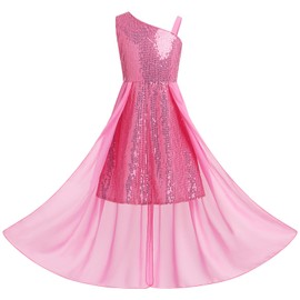 IDOPIP Sequin Pageant Dresses for Girls Kids One Shoulder Formal Party Prom Sparkly Pageant Birthday Graduation Dresses Flower Girl First Communion Wedding School Dance Ball Gown Pink 9-10 Years