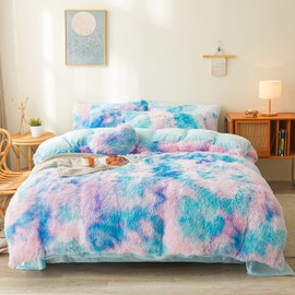 Tie Dye Blue Plush Fluffy Comforter Cover Set King- Ultra Soft Faux Fur tie dye Bedding Sets 3 Pieces (1 Shaggy Duvet Cover + 2 Pillow case) Fluffy Bed Set (Tie Dye Blue, King)