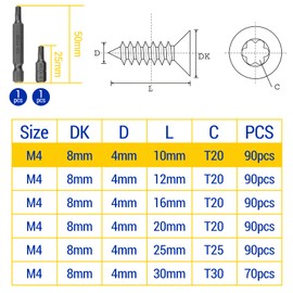 Mbsomnus Pack of 90 Wood Screws Black Countersunk Head M4 x 10 mm Screws Stainless Steel A2 V2A Acoustic Panels Screws Wood Screws Torx Full Thread Self-Tapping Chipboard Screws for Furniture Mounting