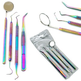 Multi Color Rainbow Dental Hygiene Set - 4pcs Basic Dental Instruments Stainless Steel Dental Tooth Pick, Mouth Mirror, Cotton Plier - Dentists Tools Set is Ideal for Personal Use & Pet Friendly ODM