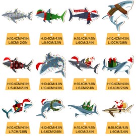 12 Pieces Christmas Shark Hanging Wood Santa Riding Whale Decoration Ornament for Xmas Tree Party Holiday Home Decor (Shark Style)