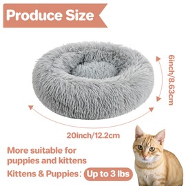 RAINFLOW Cat Bed - Calming Cat Bed for Small Kittens 15 x 15 Inch Donut Washable Round for Indoor Kittens and Puppies, Anti-Slip Round Fluffy Plush Faux Fur, Small, Light Grey