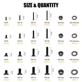 840PCS Metric M2 M3 M4 M5 Hex Socket Flat Head Screws Bolts Nuts Washers Assortment Kit with Storage Box, 10.9 Grade Alloy Steel Metric Thread Hexagon Allen Machine Bolt, DIN 7991 with 4 Hex Wrenches