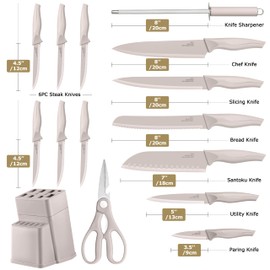 LIANYU Knife Block Set with Sharpener, 15PCS Kitchen Knife Set with Block, Razor Sharp Knives Set for Kitchen, High Carbon Stainless Steel Chef Knife Set, Anti- Rust Blade & Ergonomic Handle, Khaki