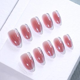 XZMeiLun Press On Nails Short Oval, French Tip Chrome Acrylic Press On Nails Short Oval, Designer Reusable Glazed Fake Nails, Glossy Soft Gel Nails Wedding, Stick Glue On Nail Press Ons for Women