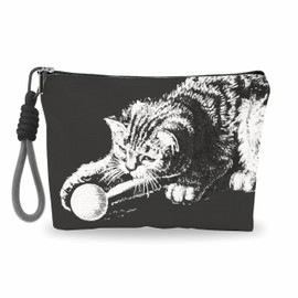 luixd Gothic Make Up Bag, Cosmetic Bag With Hand Strap - Hand Drawn Cat Playing - Lined Toiletry Bag - Travel Pouch, Black Organizer With Zipper, Women Essentials & Accessories - A15