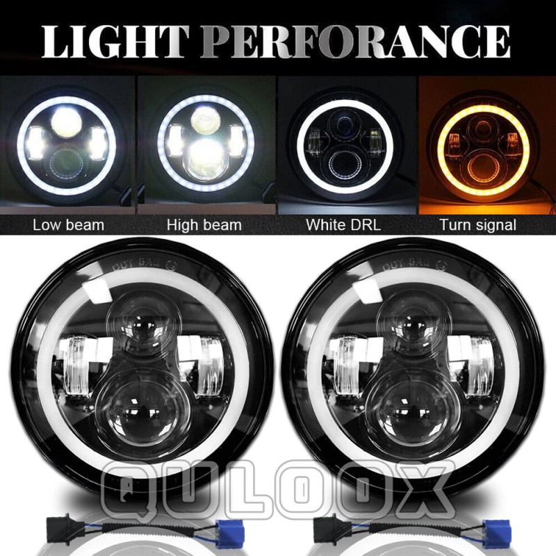 QULOOX Pair 7" Inch Round LED Headlights Hi/LO Sealed Beam