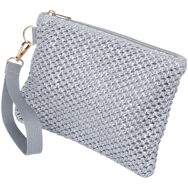 CREATCABIN Silver Woven Cosmetic Bag Straw Bohemian Beach Straw Purses
