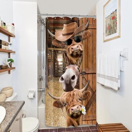 Riyidecor Small Stall Funny Cow Shower Curtain 36Wx72H Inch Half RV Single Farmhouse Cattle Donkey Western Bull Rustic Wood Barn Door Country Bathroom Decor Fabric Polyester Waterproof 7 Pack Hooks