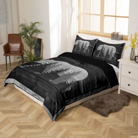Castle Fairy Lodge Cabin Duvet Cover Gray Bear Pine Tree Silhouette Pattern Comforter Cover with 1 Pillowcase Wild Animal Western Jungle Style Bedding Set for Teens Adults Twin Size 2 Pieces
