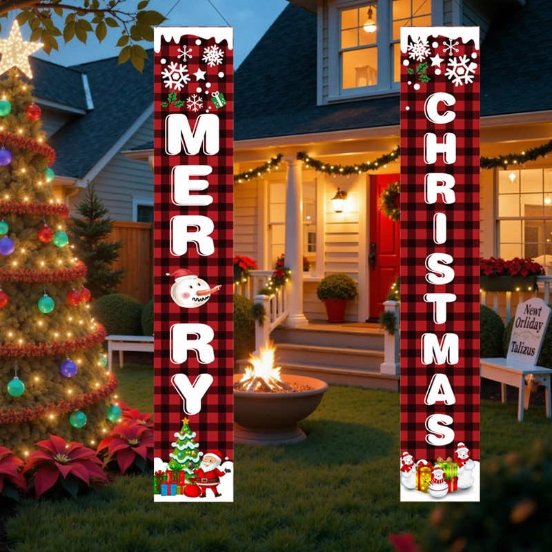 Merry Christmas Door Banner Set, Buffalo Plaid Red Black Porch